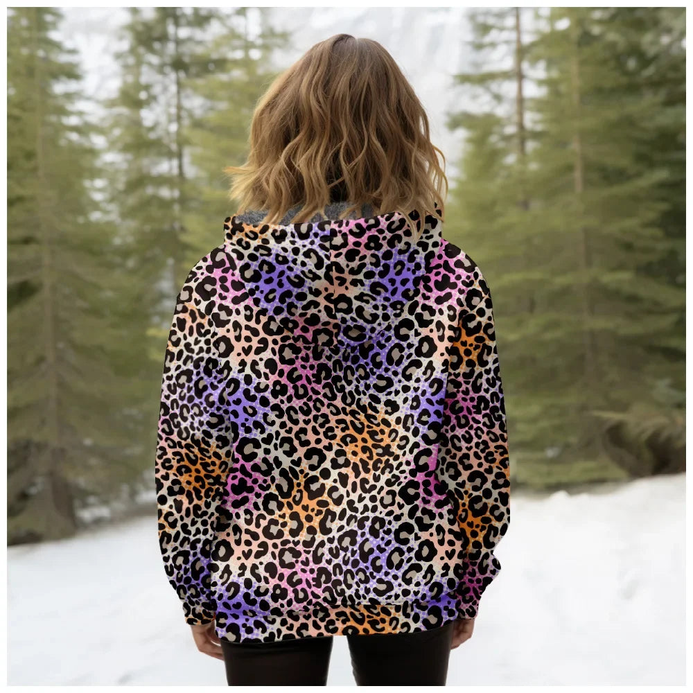 Women Coats Jackets Pink Leopard Graphics Printed Cardigans Outdoors Colors Plush Thick Winter Casual Streetwear Female Clothing