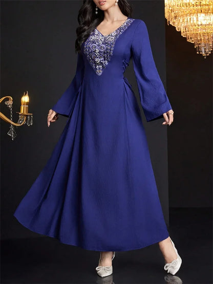 Rafiah Select Long Women's Dress V Neckline Long Sleeves Ties Long Sleeve Square Neck Arabian Dress Casual Sophisticated