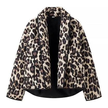Fashion All Match Cardigan Leopard Print Jacket Women Lapel Pocket Loose Casual Coat New In Clothes Retro Open Stitch Outerwear