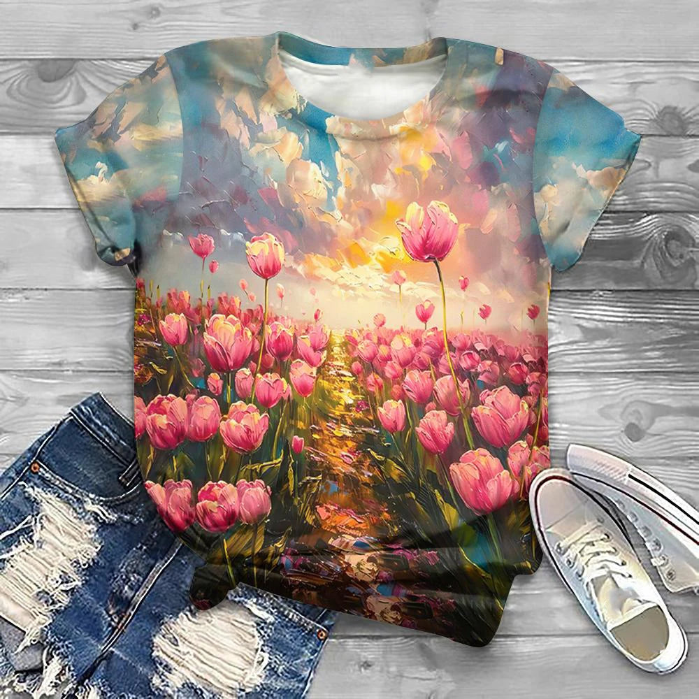 Flower Floral Pattern 3D Print T-Shirts Women Casual O-Neck Short Sleeve T Shirt Y2k Harajuku Tee Streetwear Top Female Clothing