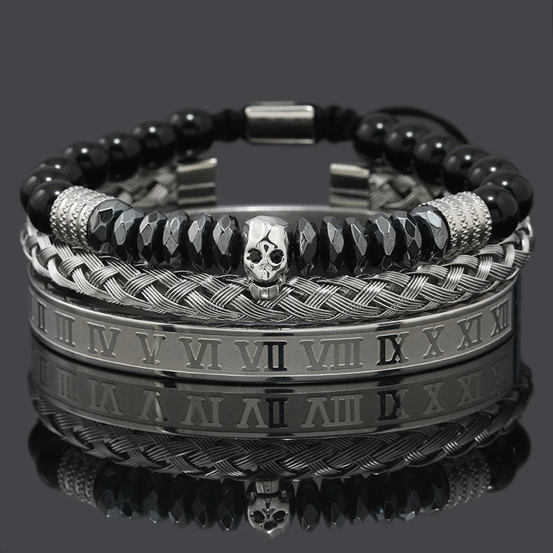 Black Stone Hematite Beads Men Skull Crown Leopard