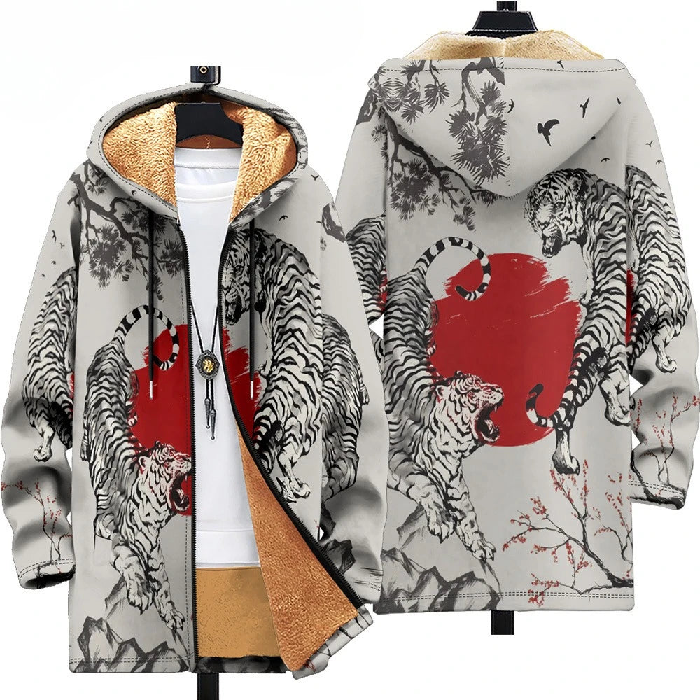 Men Cardigans Coats Tiger Loong Printed Plush Thick