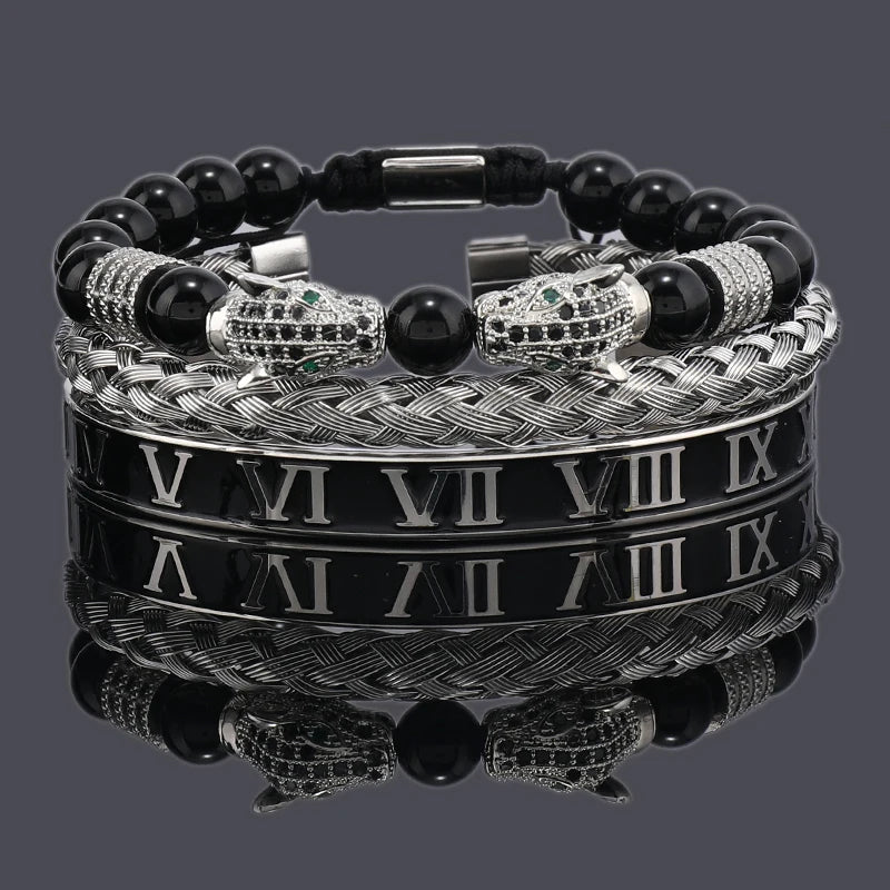 Luxury Black Stone Beads Leopard Head Man Bracelet