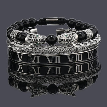 Luxury Black Stone Beads Leopard Head Man Bracelet