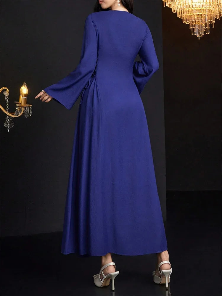 Rafiah Select Long Women's Dress V Neckline Long Sleeves Ties Long Sleeve Square Neck Arabian Dress Casual Sophisticated