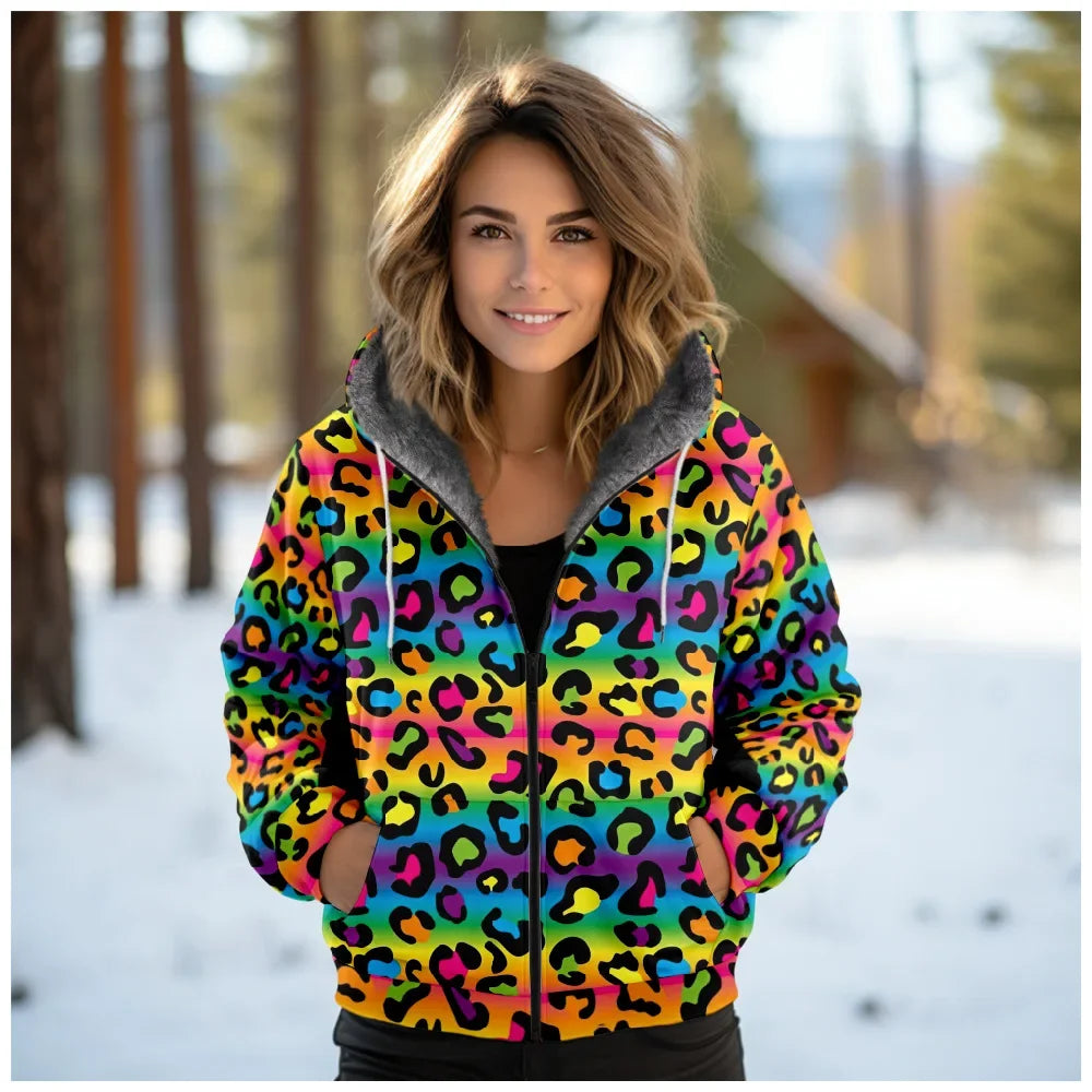 Women Coats Jackets Pink Leopard Graphics Printed Cardigans Outdoors Colors Plush Thick Winter Casual Streetwear Female Clothing