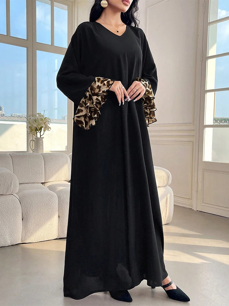 Rafiah Modest Women's Long Dress with Pattern Long Sleeves Colorful in Arabic Style Casual Hijab Scarf Maxi Abayas Dresses