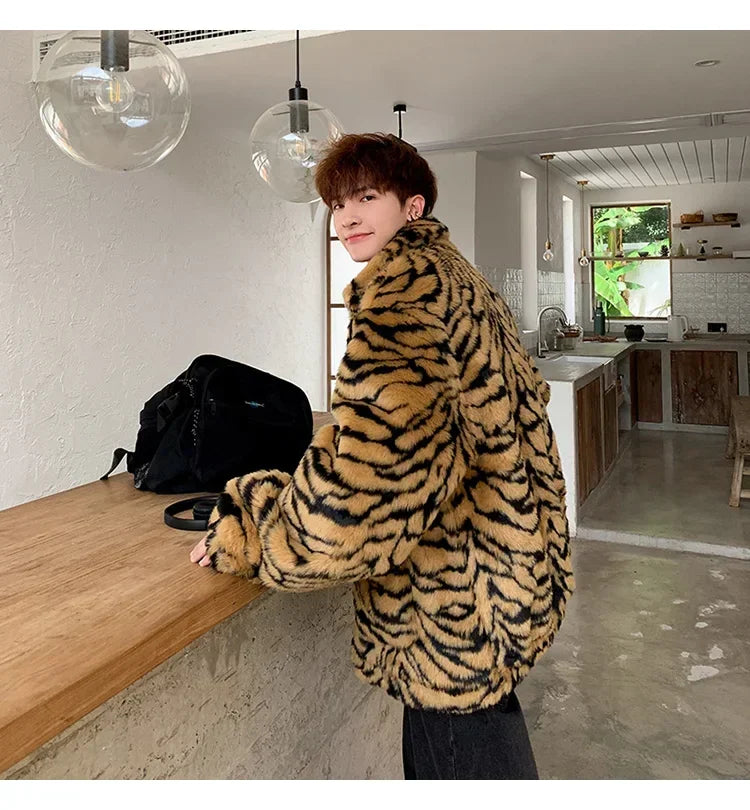 Tiger Stripes Printed Men Jacket Loose Fluffy Imitation