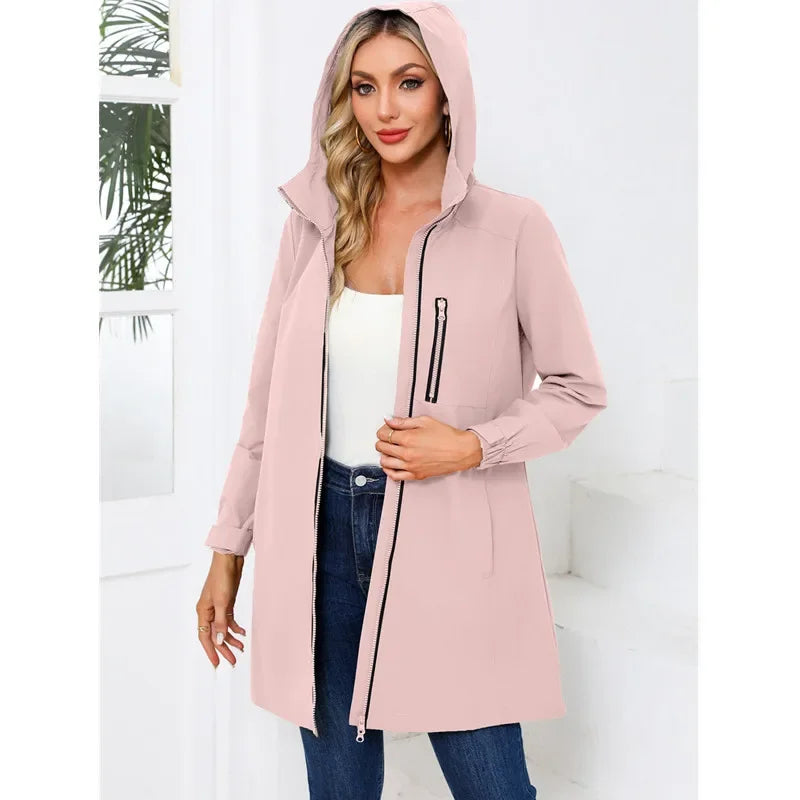 Spring New Green Women's Hooded Long Jacket, Fashion Casual Coats, European Size S-3XL, Trench Women, Pink Black Blue Available