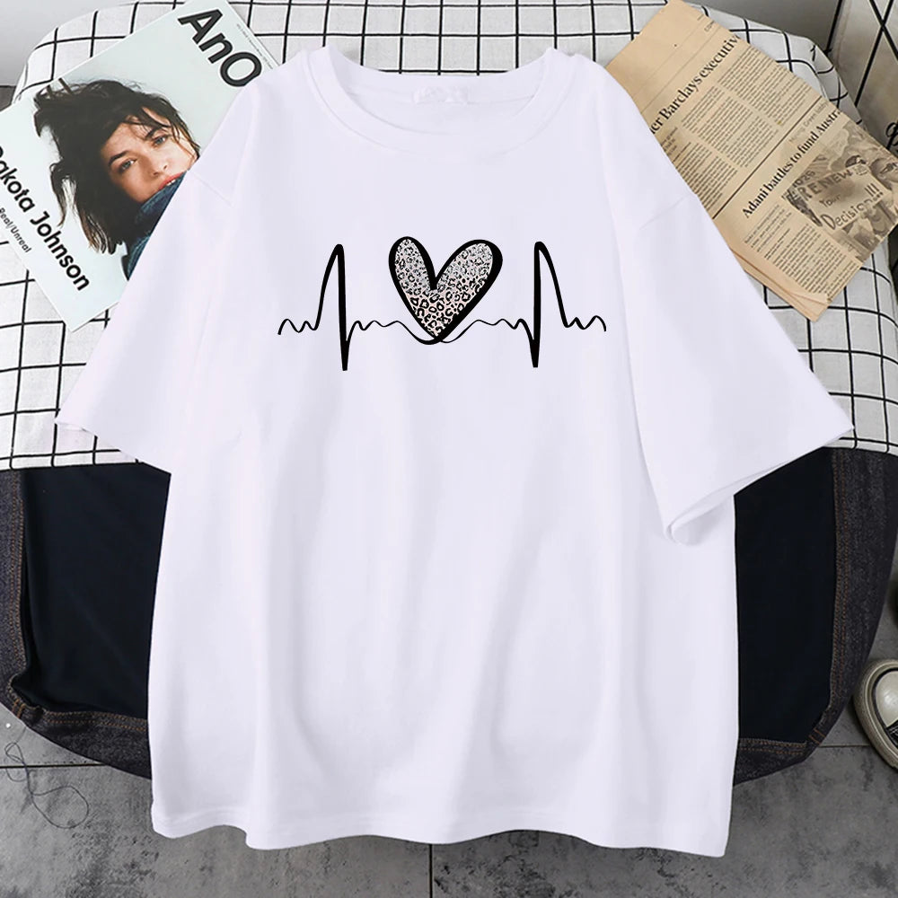Fluctuating Leopard Heart Electrocardiogram T-Shirt Women Summer Soft Clothing Fashion Short Sleeve Plus Size Cotton Tshirts