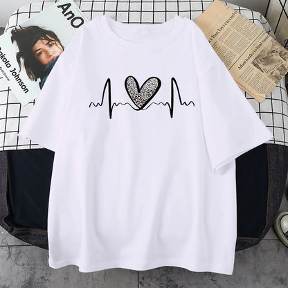 Fluctuating Leopard Heart Electrocardiogram T-Shirt Women Summer Soft Clothing Fashion Short Sleeve Plus Size Cotton Tshirts