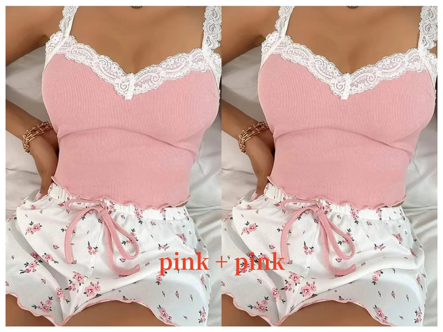Women 2psc Pajama Set Pink Lace Patchwork V-Neck