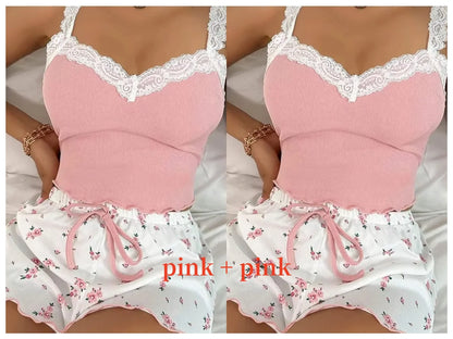 Women 2psc Pajama Set Pink Lace Patchwork V-Neck