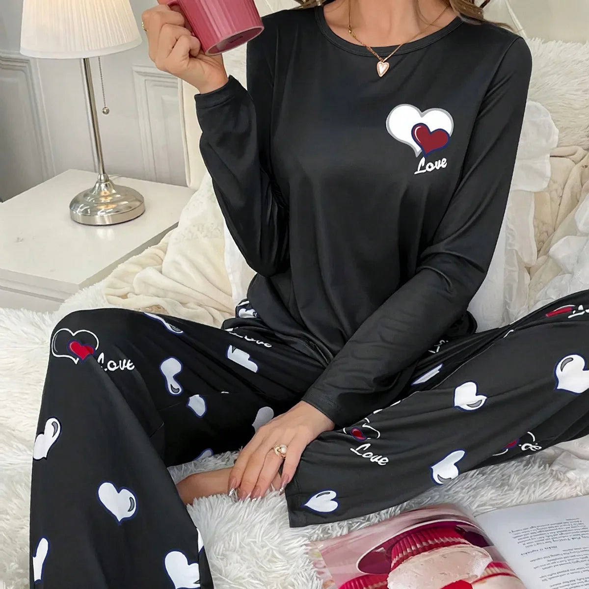 Aututmn Winter Leopard Print Pajamas for Women Heart Pattern