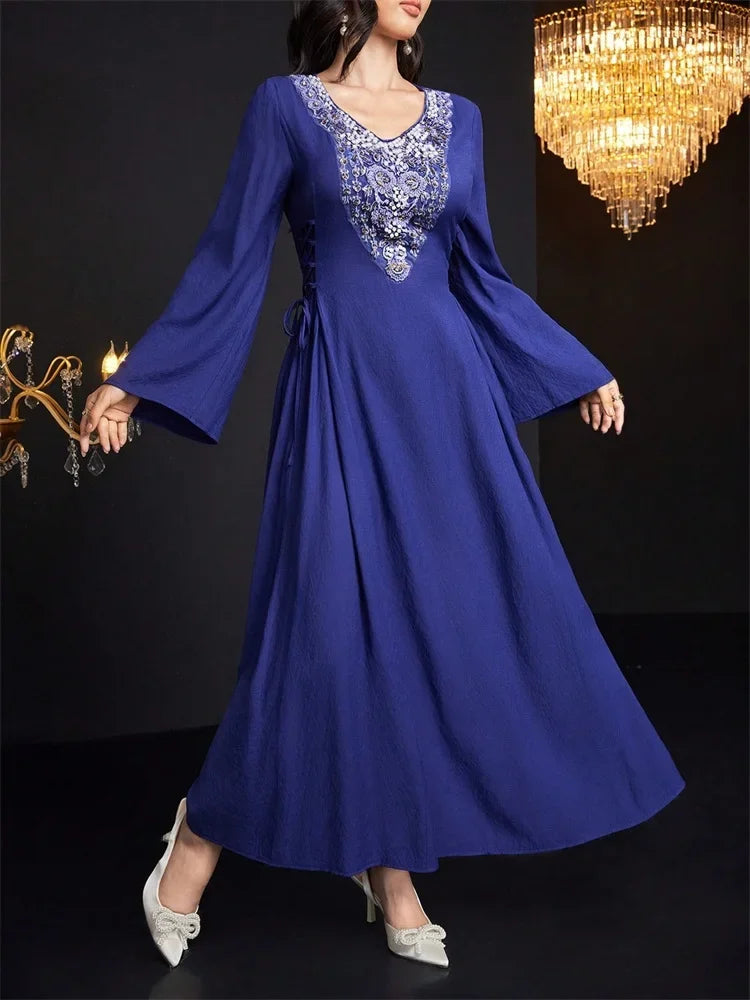 Rafiah Select Long Women's Dress V Neckline Long Sleeves Ties Long Sleeve Square Neck Arabian Dress Casual Sophisticated