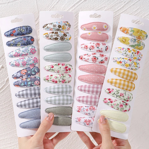 10Pcs/Lot Fresh Print Cotton Alloy Hair Clips for Kids Fabric