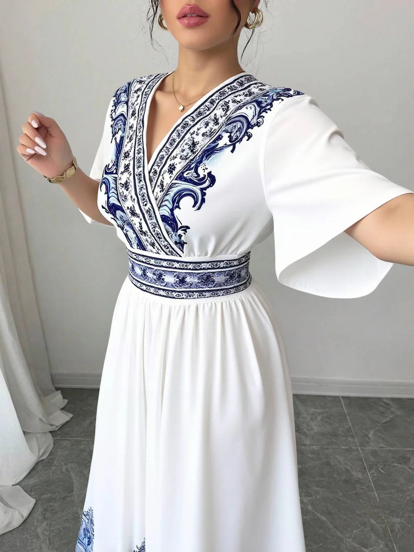 Rafiah Boutique Women's Summer White Midi Dress 2025 V-Neck Short Sleeve with Blue Embroidery and A-Line Silhouette Casual Wear