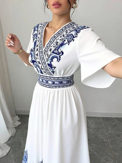 Rafiah Boutique Women's Summer White Midi Dress 2025 V-Neck Short Sleeve with Blue Embroidery and A-Line Silhouette Casual Wear
