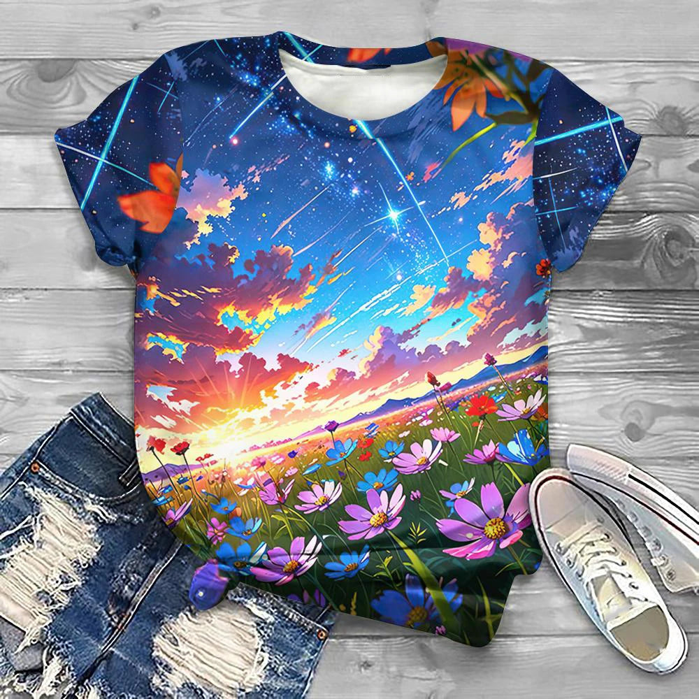Flower Floral Pattern 3D Print T-Shirts Women Casual O-Neck Short Sleeve T Shirt Y2k Harajuku Tee Streetwear Top Female Clothing