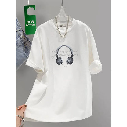 Women's Clothing Chic Headset Print Basic Pullovers Summer Casual Loose Pure Cotton Short Sleeve T-shirt Lady All-match Top Tees
