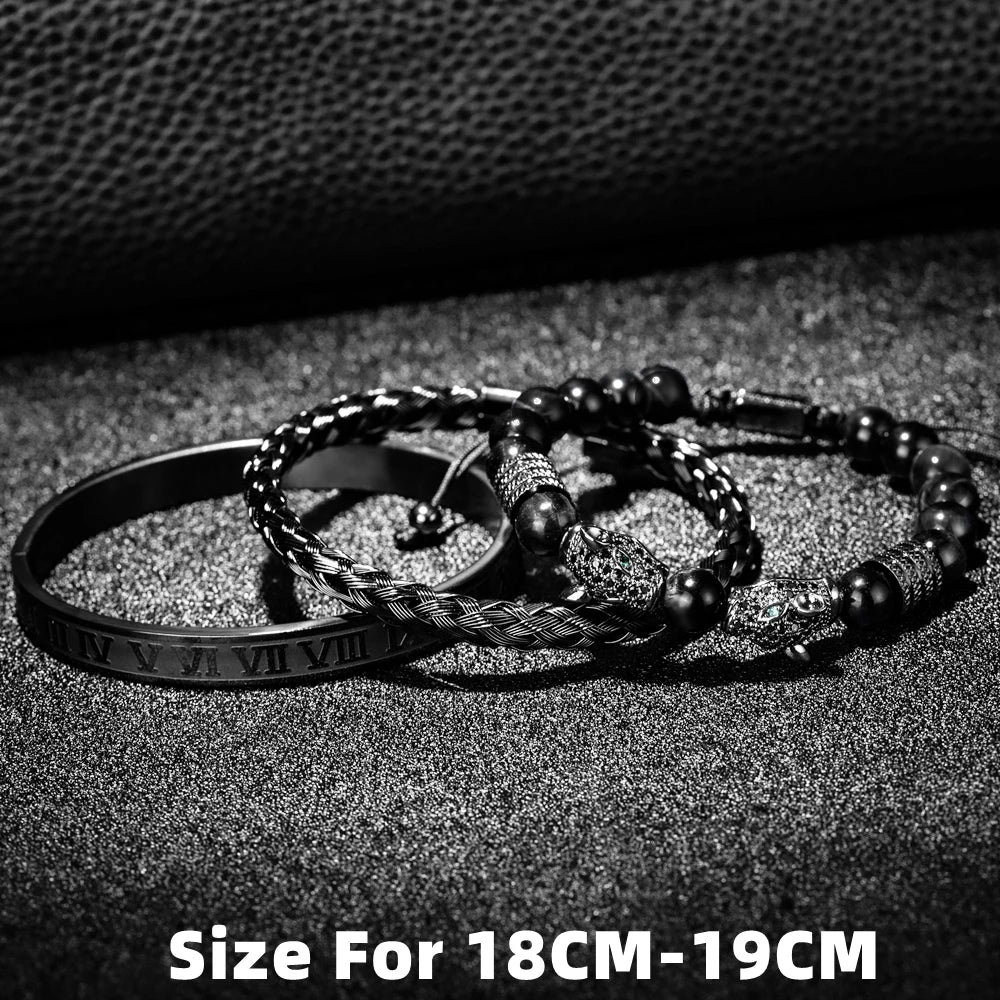 3PCS Mens Premium Black Agate Beaded Bracelet Set