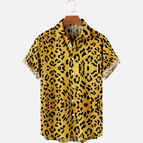 Summer Men's Hawaii Shirts y2k Tops Leopard Print Short-sleeved Harajuku Holiday Party T-shirt Casual Oversized Lapel Blouse 4XL