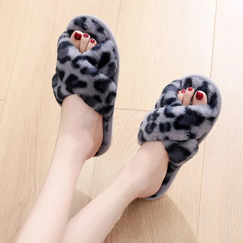Cross Strap Fluffy Slippers Leopard Women