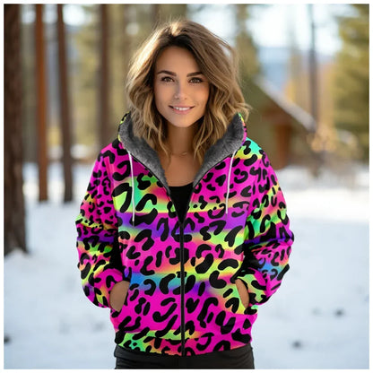 Women Coats Jackets Pink Leopard Graphics Printed Cardigans Outdoors Colors Plush Thick Winter Casual Streetwear Female Clothing