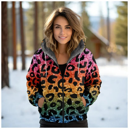 Women Coats Jackets Pink Leopard Graphics Printed Cardigans Outdoors Colors Plush Thick Winter Casual Streetwear Female Clothing