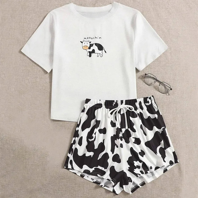Cow Leopard Women's Pajamas Short Sleeves O Neck
