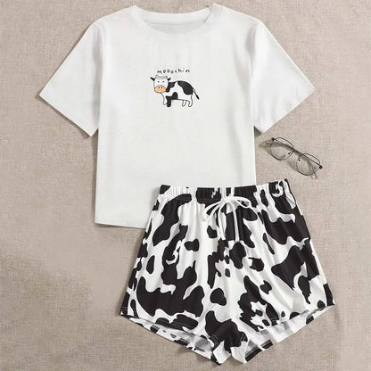 Cow Leopard Women's Pajamas Short Sleeves O Neck