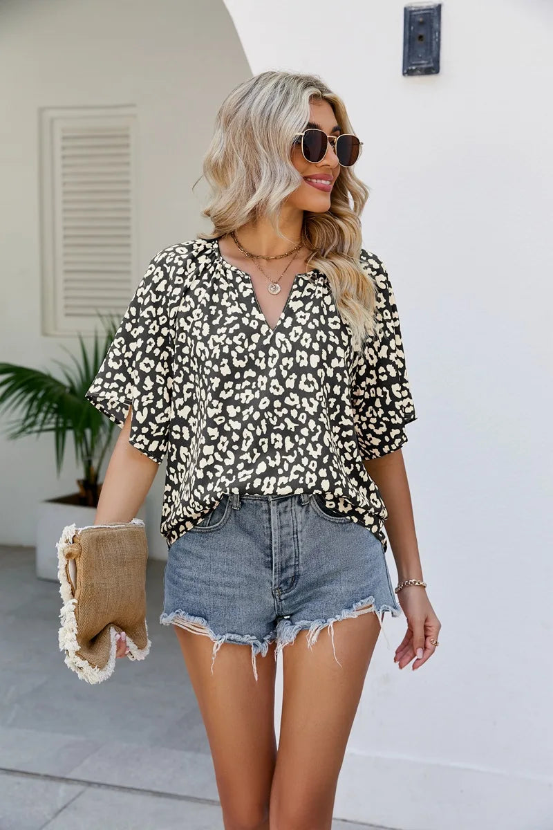 New Leopard Print Short-sleeved V-neck Loose Casual