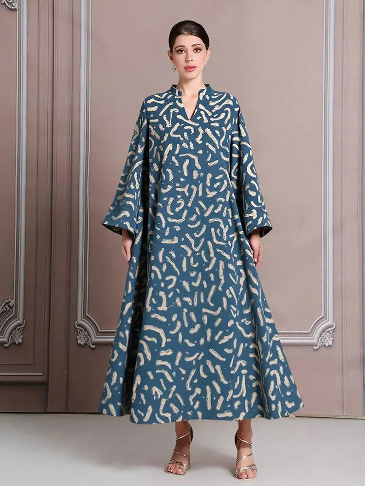 Rafiah Select Women's Dresses Summer Midi A Line Long Dresses Korean Elegant Decent Fashion 2025 Full Print Long Sleeve V-Neck