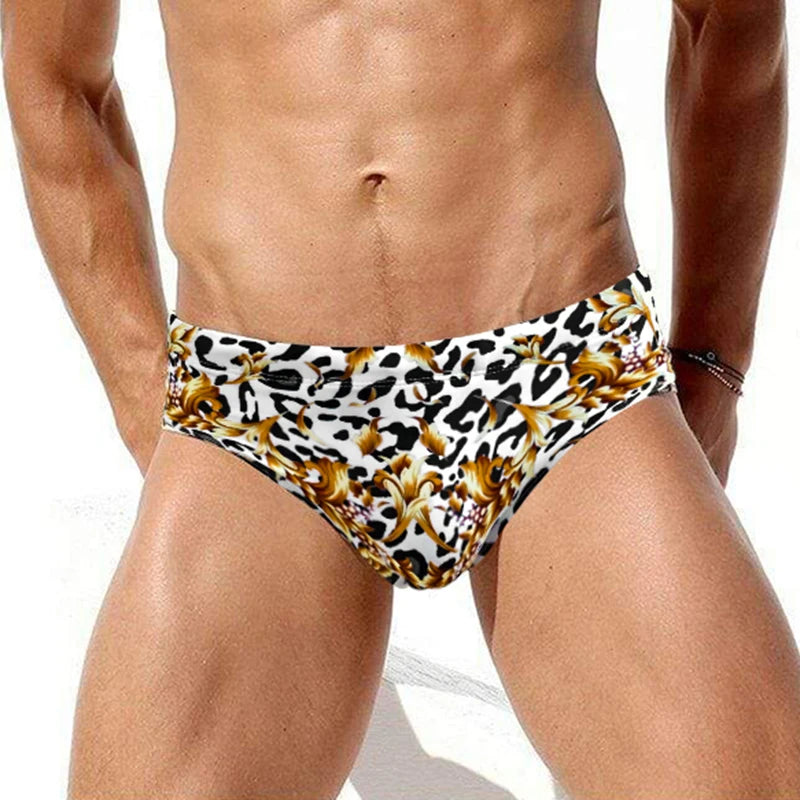 Sexy Mens Leopard Swim Briefs Summer Pool Waterproof