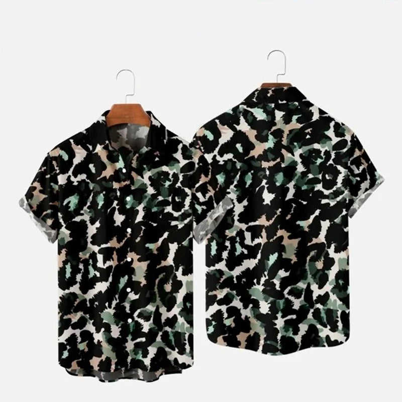 Summer Men's Hawaii Shirts y2k Tops Leopard Print Short-sleeved Harajuku Holiday Party T-shirt Casual Oversized Lapel Blouse 4XL