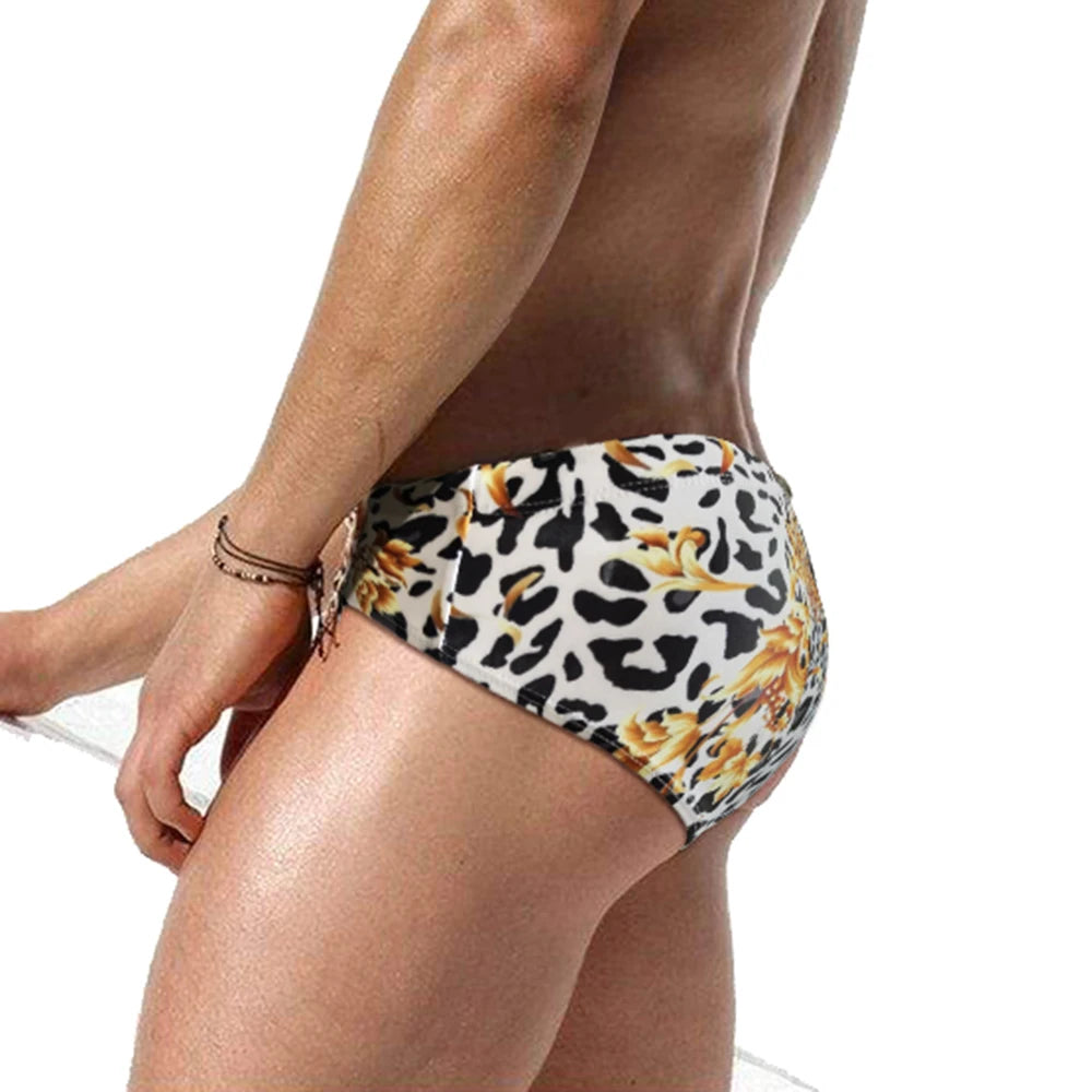 Sexy Mens Leopard Swim Briefs Summer Pool Waterproof