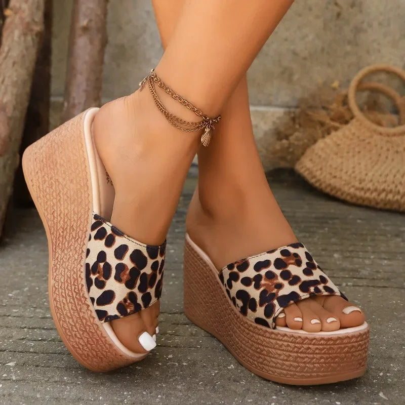 Women's Slippers Leopard Print Wedge High Heel Slingback