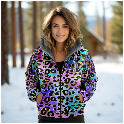 Women Coats Jackets Pink Leopard Graphics Printed Cardigans Outdoors Colors Plush Thick Winter Casual Streetwear Female Clothing