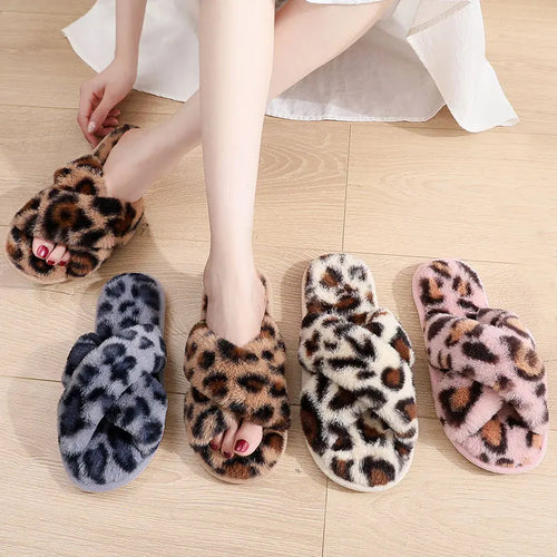 Cross Strap Fluffy Slippers Leopard Women