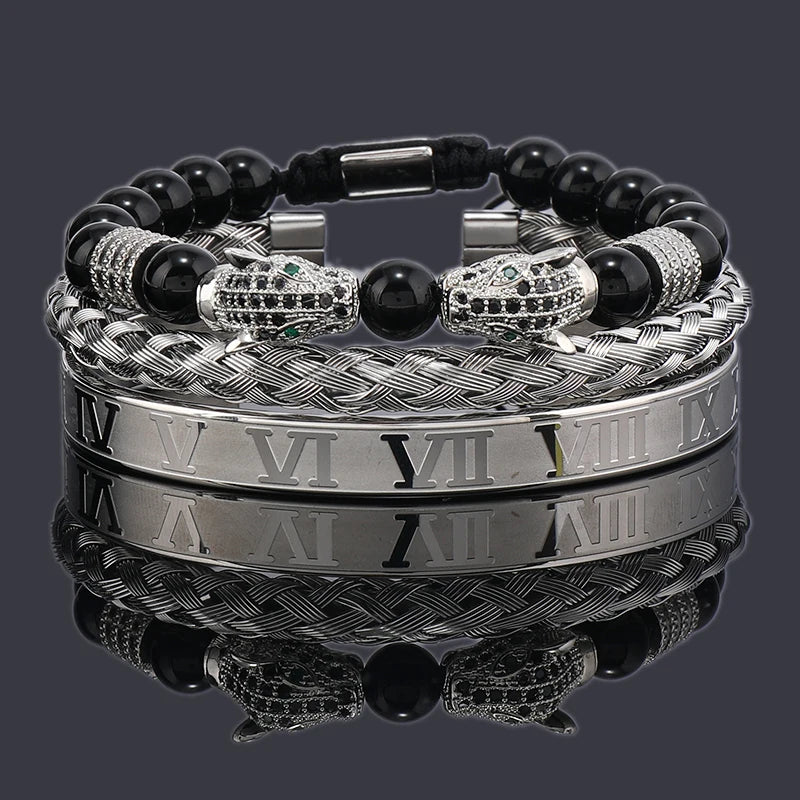 Luxury Black Stone Beads Leopard Head Man Bracelet