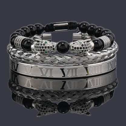 Luxury Black Stone Beads Leopard Head Man Bracelet