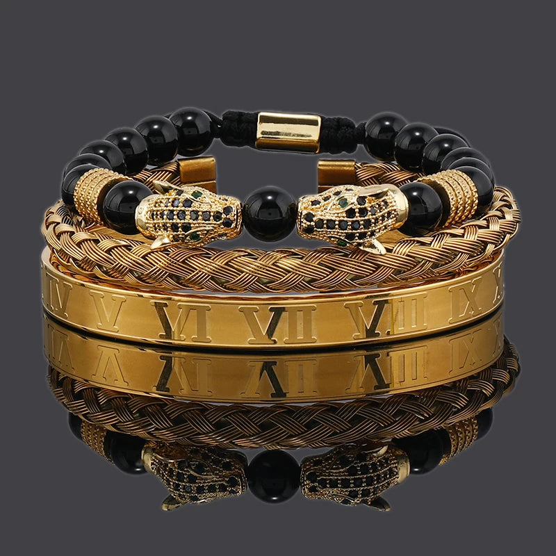 Luxury Black Stone Beads Leopard Head Man Bracelet