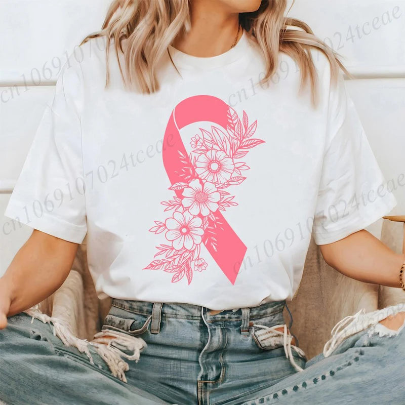 Breast Cancer Awareness Shirt Pink Ribbon Floral T-Shirts Support Cancer Fighter Women's Clothing Breast Cancer Survivor Tops