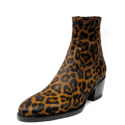 Brown Leopard Print Genuine Leather Mens Ankle Boots