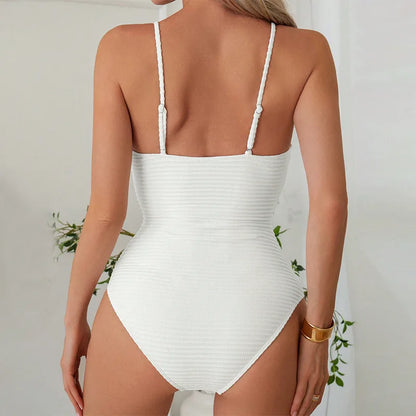 One Piece Swimsuit Deep V Neck Bodysuit Solid Color Suspender Bikini Women's Swimsuit Bathing Suit Beach Outfits Swimwear