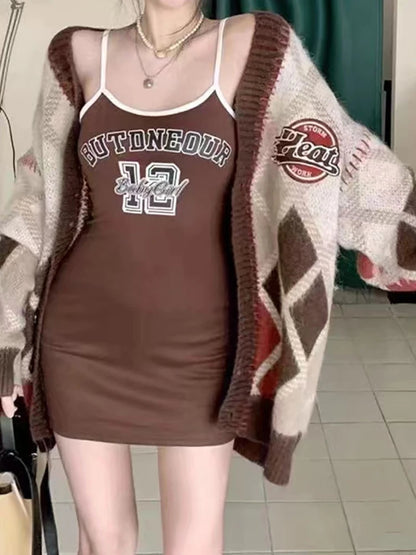 HELIAR Women Fashion Letter Print Sexy Bodycon Dress Spaghetti Strap O-neck Slim Fit Dress Streetwear Summer 2025 One piece