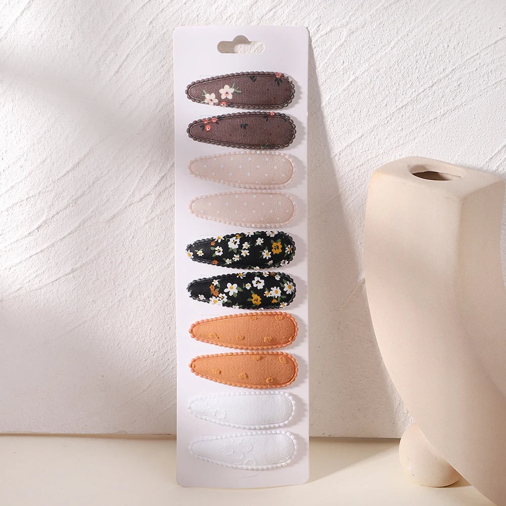 10Pcs/Lot Fresh Print Cotton Alloy Hair Clips for Kids Fabric