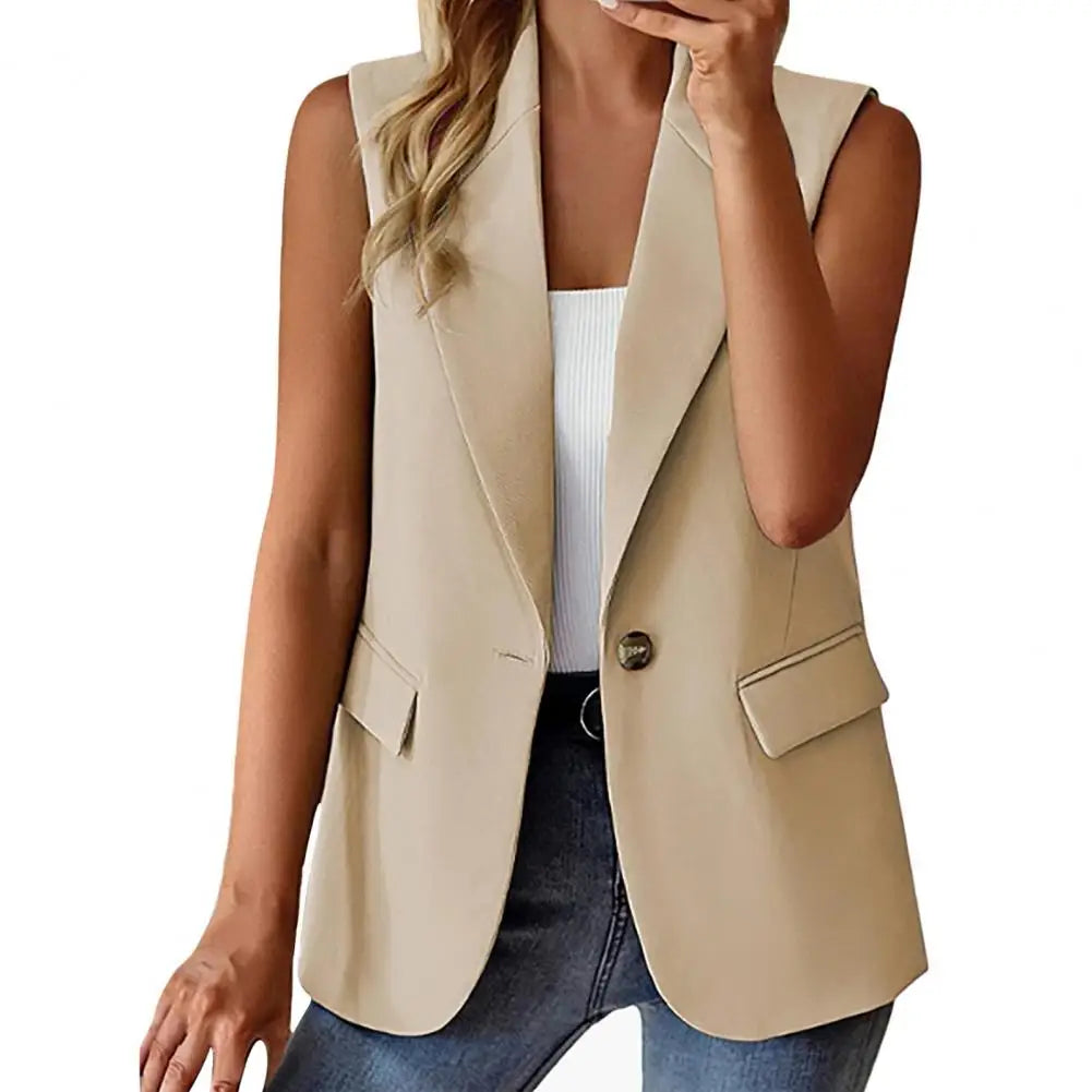 Women Summer Waistcoat Sleeveless Business Vest Coat Solid Color Lapel Pockets Single Button Straight Formal Style Commute Coat