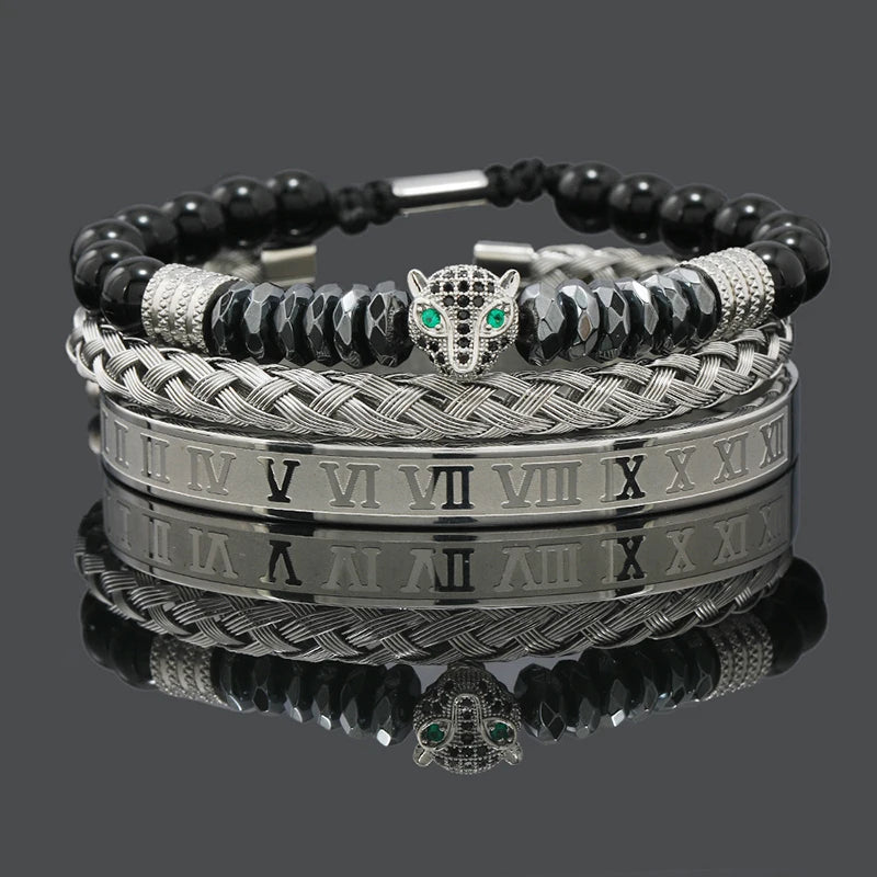 Black Stone Hematite Beads Men Skull Crown Leopard