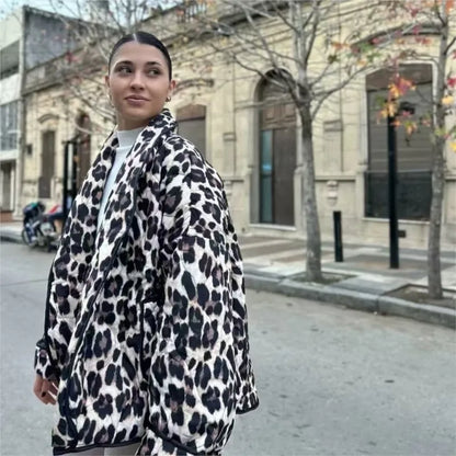 Fashion All Match Cardigan Leopard Print Jacket Women Lapel Pocket Loose Casual Coat New In Clothes Retro Open Stitch Outerwear